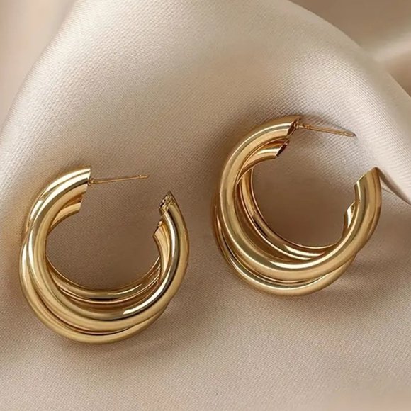 Earrings Triple Hoop Gold Glam Classy Stylish Minimalist Trendy Simple Sexy New - Picture 5 of 7